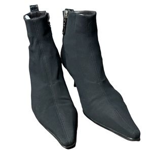 DONALD J PLINAR black leather & stretch canvas pointy toe booties 8M